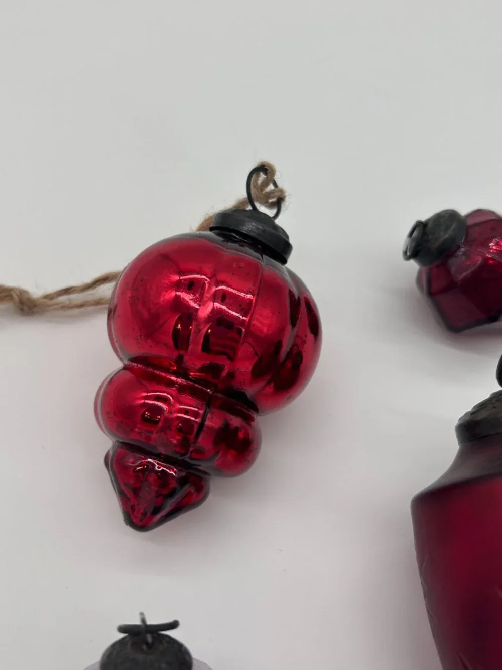 4 Vintage Kugel Style Glass Ribbed Teardrop Christmas Ornaments Red